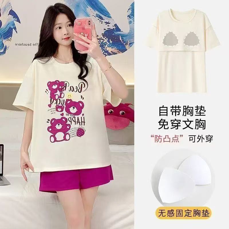 All-In-One Pajamas with Breast Pads for Women, Summer Short-Sleeved Shorts, Cute and Sweet Thin Home Clothes That Can Be Worn Outside the Suit
