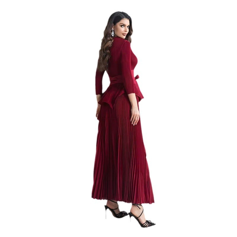 Dameskleding grote rok strik geplooide taille top tweedelig pak dameskleding herfst nieuwe effen kleur_voghion.com