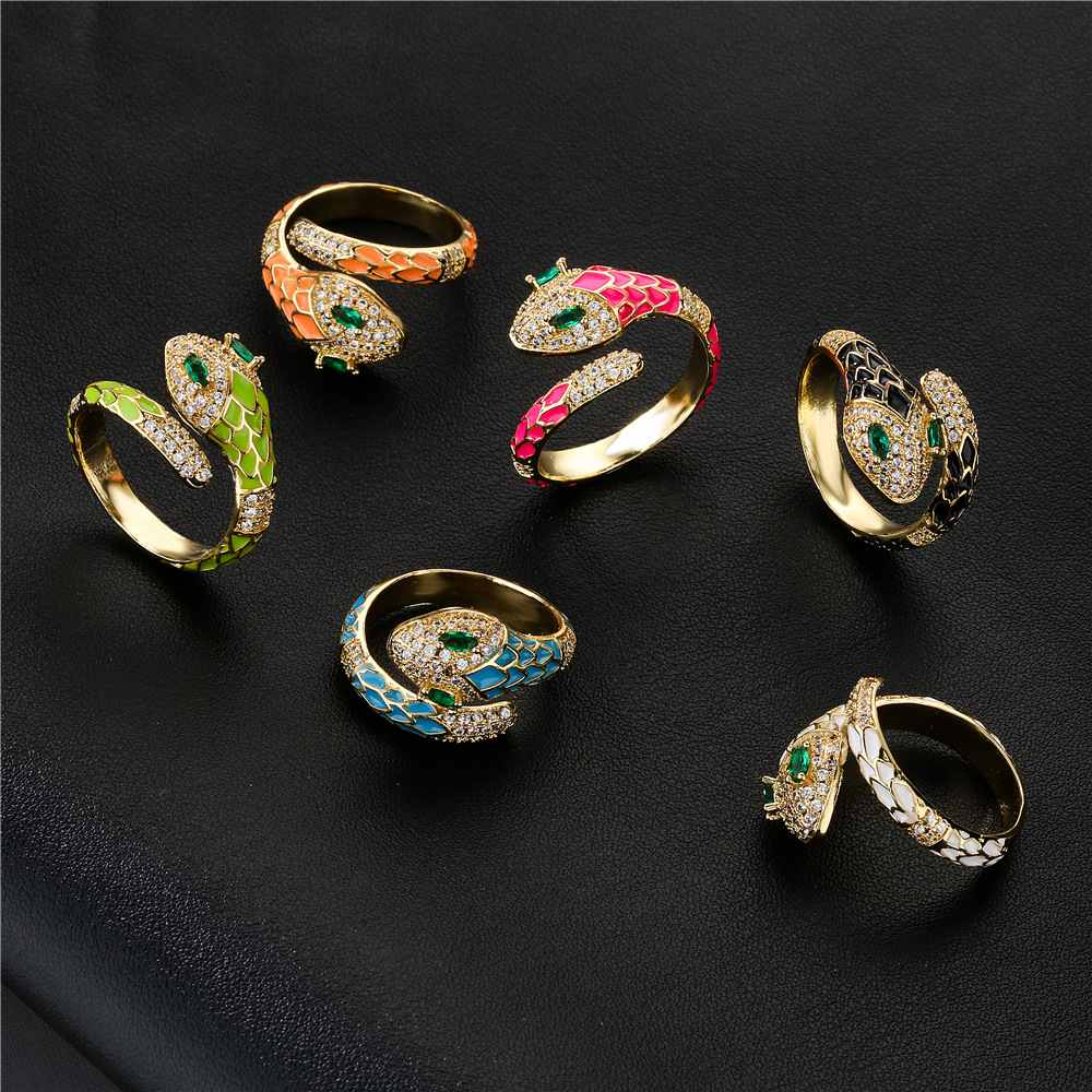 American Oily Snake Ring Copper Micro-inlaid Zircon Gold Ring Female display picture 2