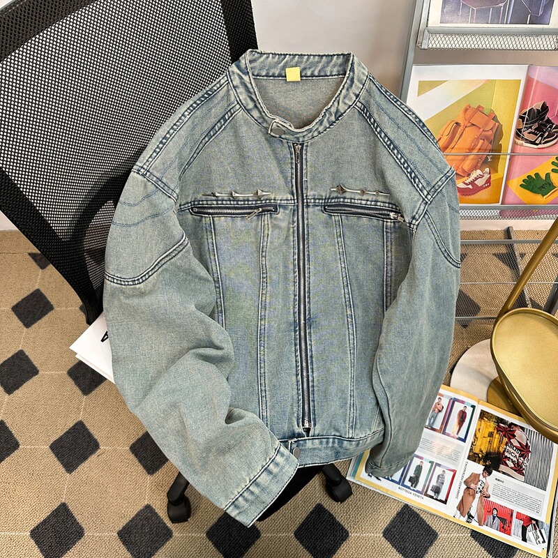 Cross-border Stitching Denim Jacket American Retro Old Water Short Trendy Brand Metal Design Collarless Jacket for Men