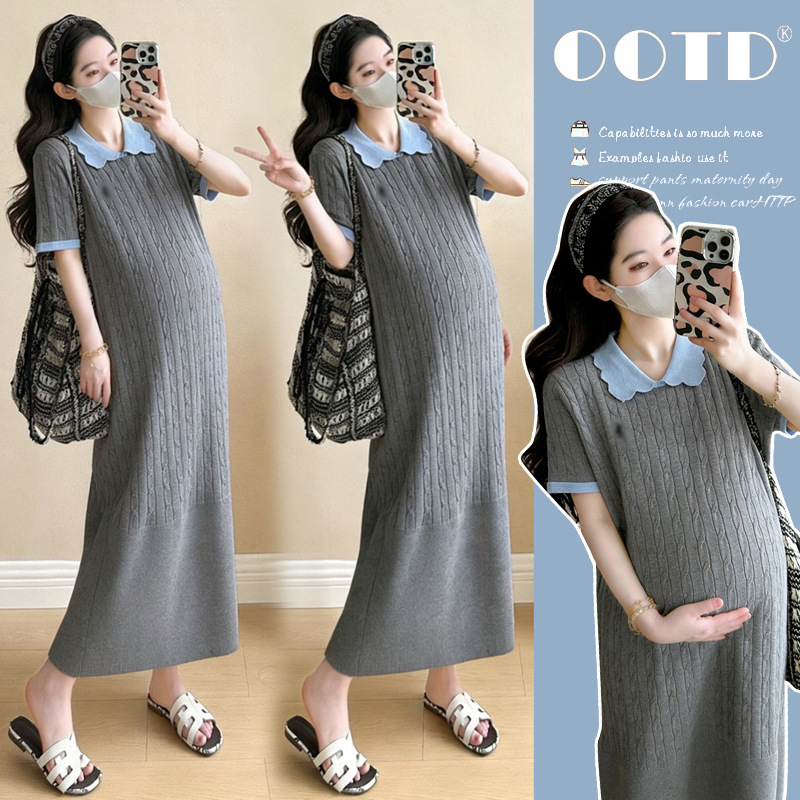 2026 New Summer Maternity Dress with Doll Collar, Knitted Long Dress, Plus Size, Loose Fit, Tummy-Concealing, Age-Reducing, Elegant and Slimming Dress
