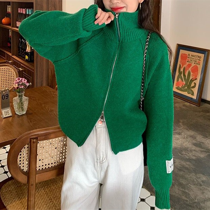 New autumn and winter Korean-style versatile double-zipper high-neck knitted cardigan, casual fashion sweater for women