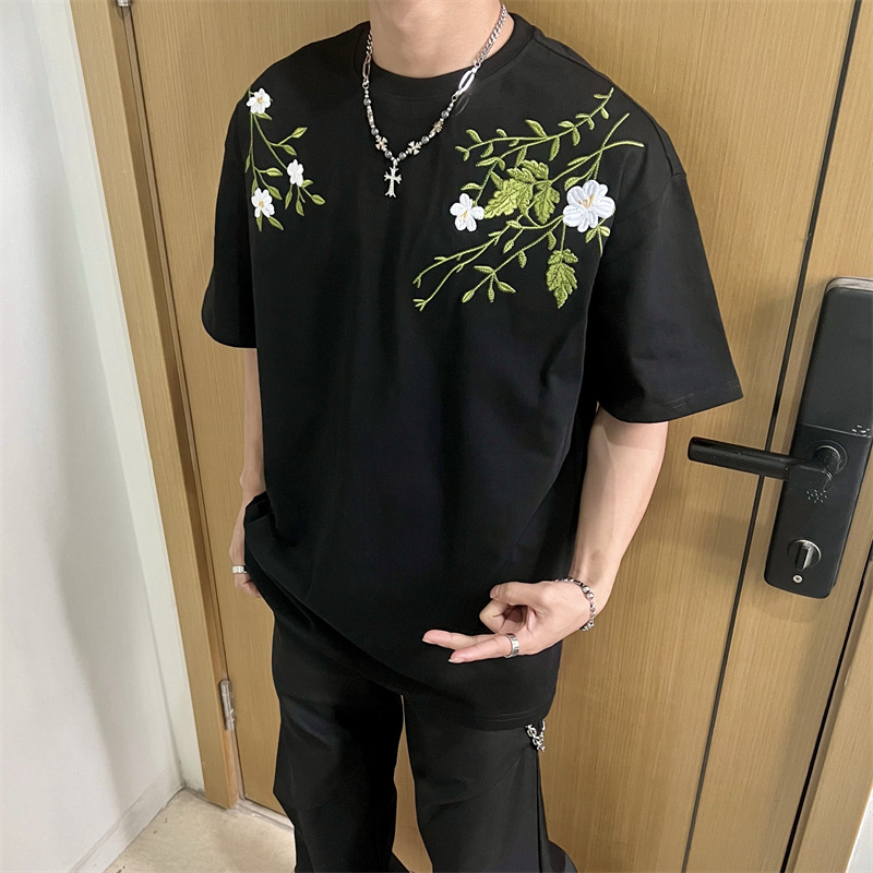 纯棉刺绣t恤男夏季潮牌男装休闲百搭裤子男款男士短袖外套上衣潮