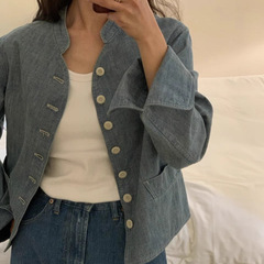 现货 2025秋季新款韩版urb*nic30宽松复古纯色立领牛仔夹克外套女