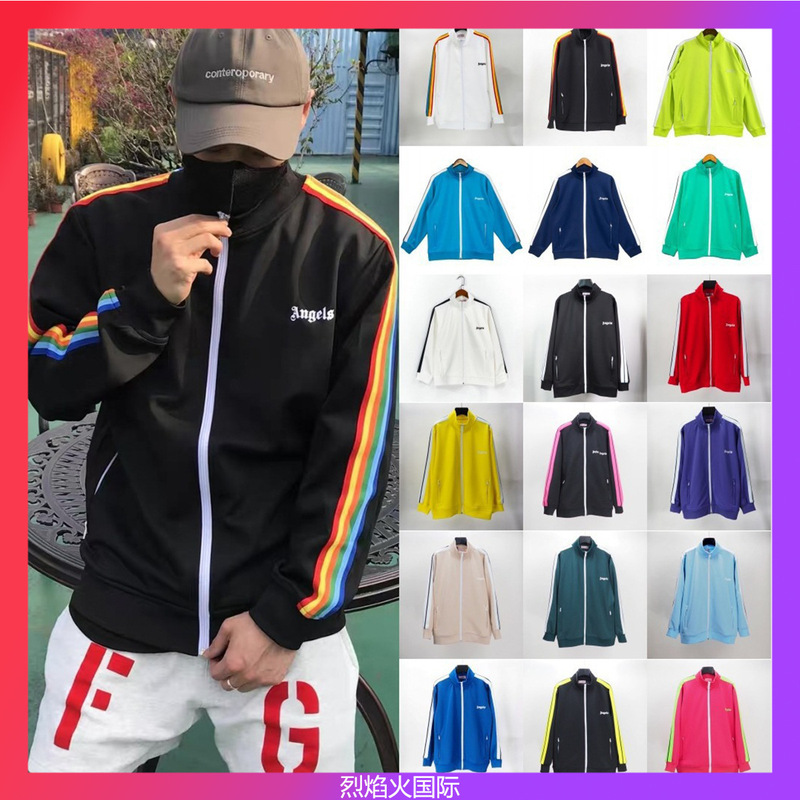 Foreign Trade Correct Version Trendy Brand Rainbow Stripe Webbing Zipper Jacket Palm Tree Retro Sports Coat School Uniform for Men