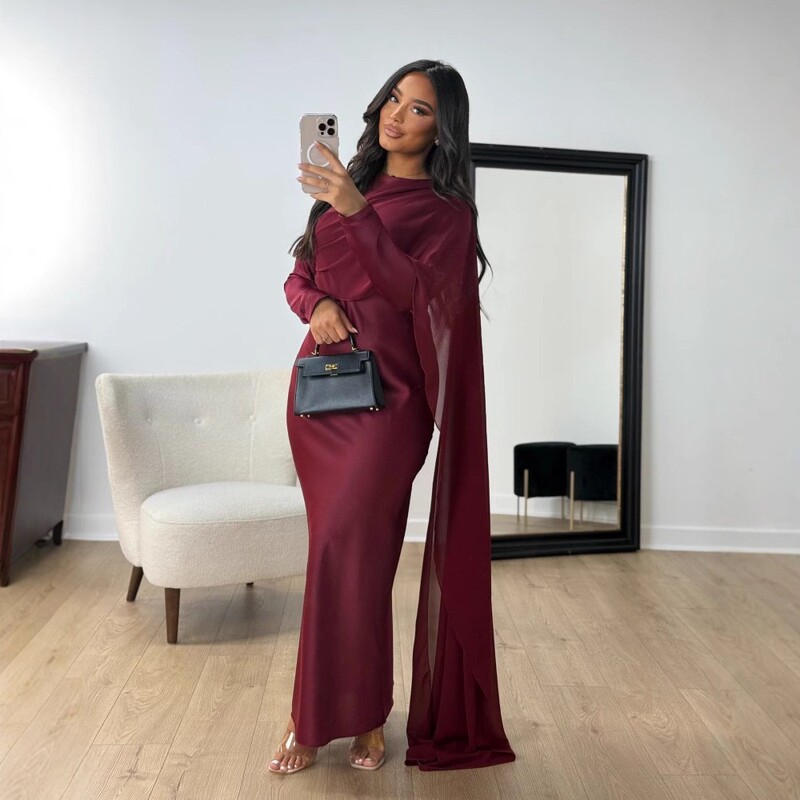 Autumn and Winter Cross-Border Foreign Trade Women's Clothing Amazon Independent Site Ebay Hip-Hugging Satin Chiffon Evening Dress