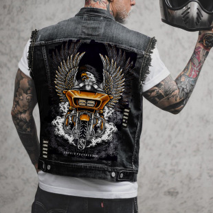European and American locomotive waistcoat printing leisure heavy craft grinding wash water men's Denim sleeveless shirt 2285