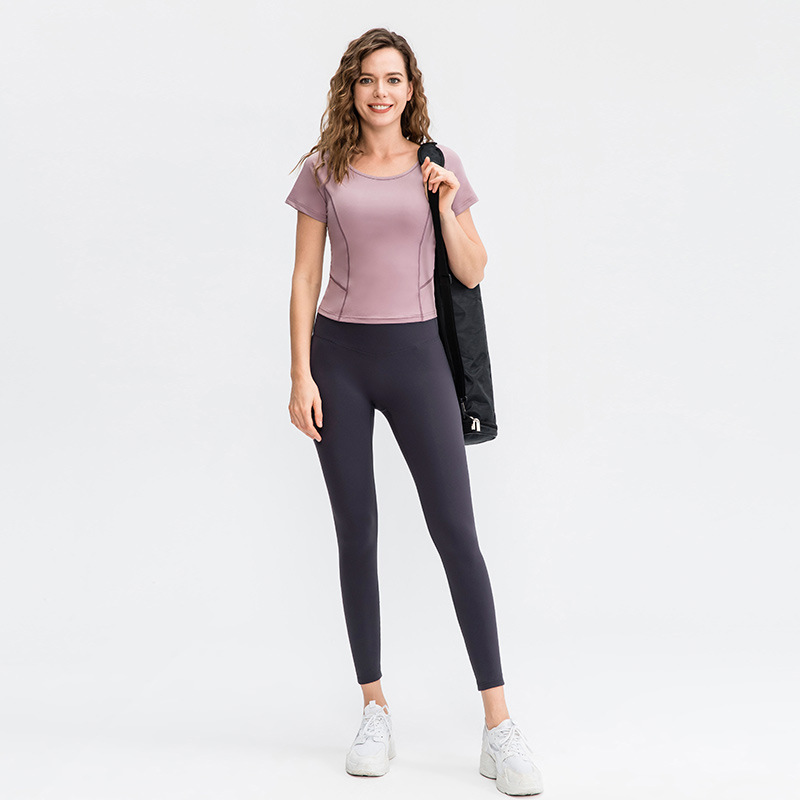 女士健身短袖圆领紧身速干运动T恤弹力跑步高腰瑜伽服上衣02215