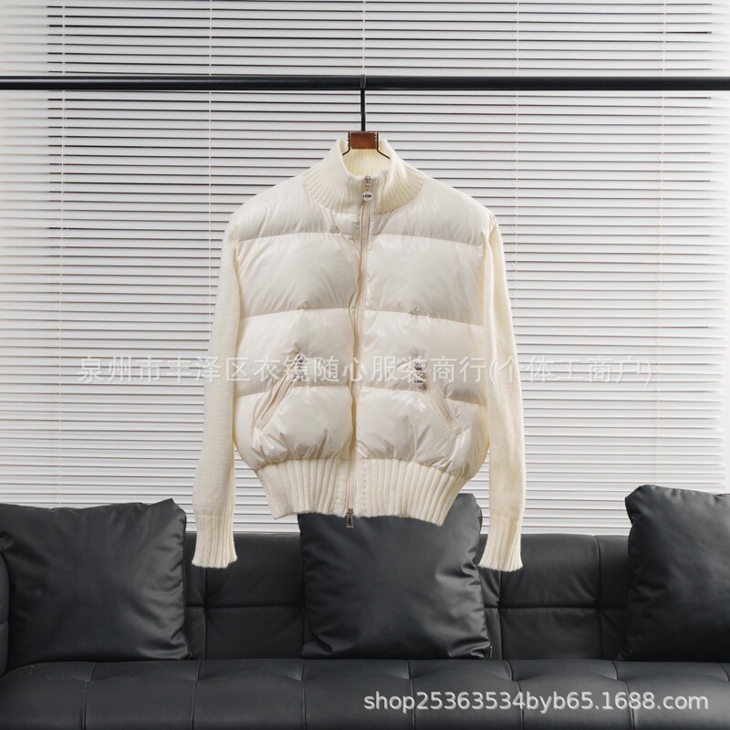 High-end Mengjia knitted sleeve spliced down jacket, new autumn and winter fashion, high collar, windproof, warm, casual, slimming coat