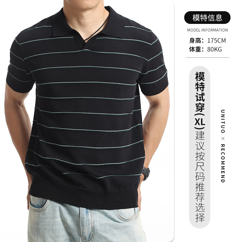 Hombres viejos ganancias de color contrastante tela de punto polo camiseta de verano de alto nivel de V-cuello camiseta de hombre casual de estilo europeo