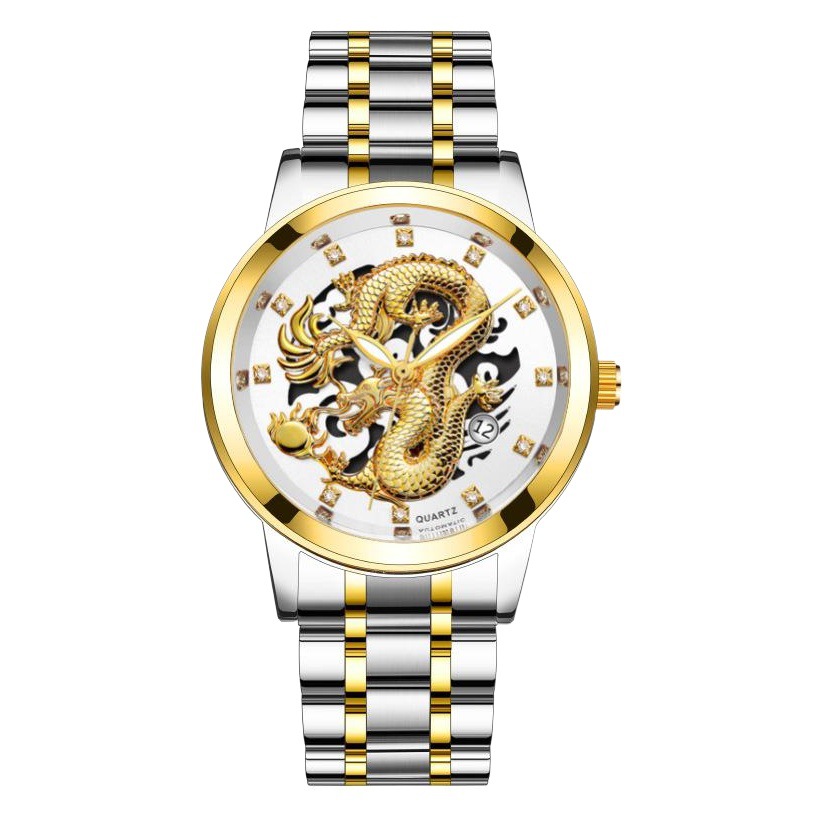 Comercio exterior Calendario de moda caliente reloj de los hombres correa de acero no mecánico negocio impermeable diamante cuadrado reloj del dragón chino