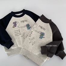 麦宝儿童加绒卫衣2025冬季新款韩版男女童洋气拼色圆领套头衫代发