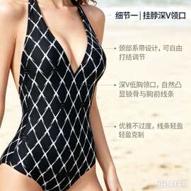 跨境定制高级感欧美性感露背修身显瘦海滩海边连体挂脖时尚泳衣