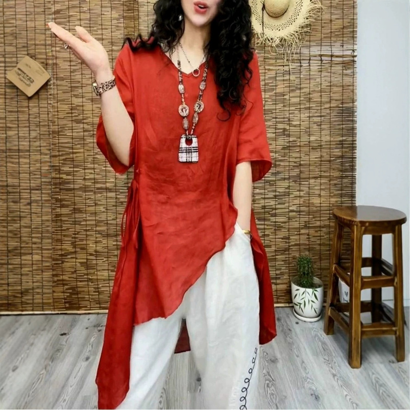 Retro Ethnic Style Solid Color V-Neck Shirt, Summer Fashion, High-End Feel, Slimming, Irregular Mid-Length Top Retro Ethnic Style Solid Color V-Neck Shirt, Summer Fashion, High-End Feel, Slimming, Irregular Mid-Length Top