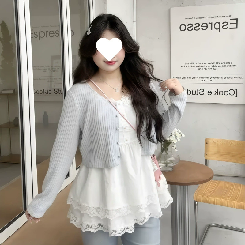 Слегка толстая ММ туман синяя сладкая девушка тонкая весна и лето кардиган юбка подтяжка плюс кардиган колледж набор из двух частей