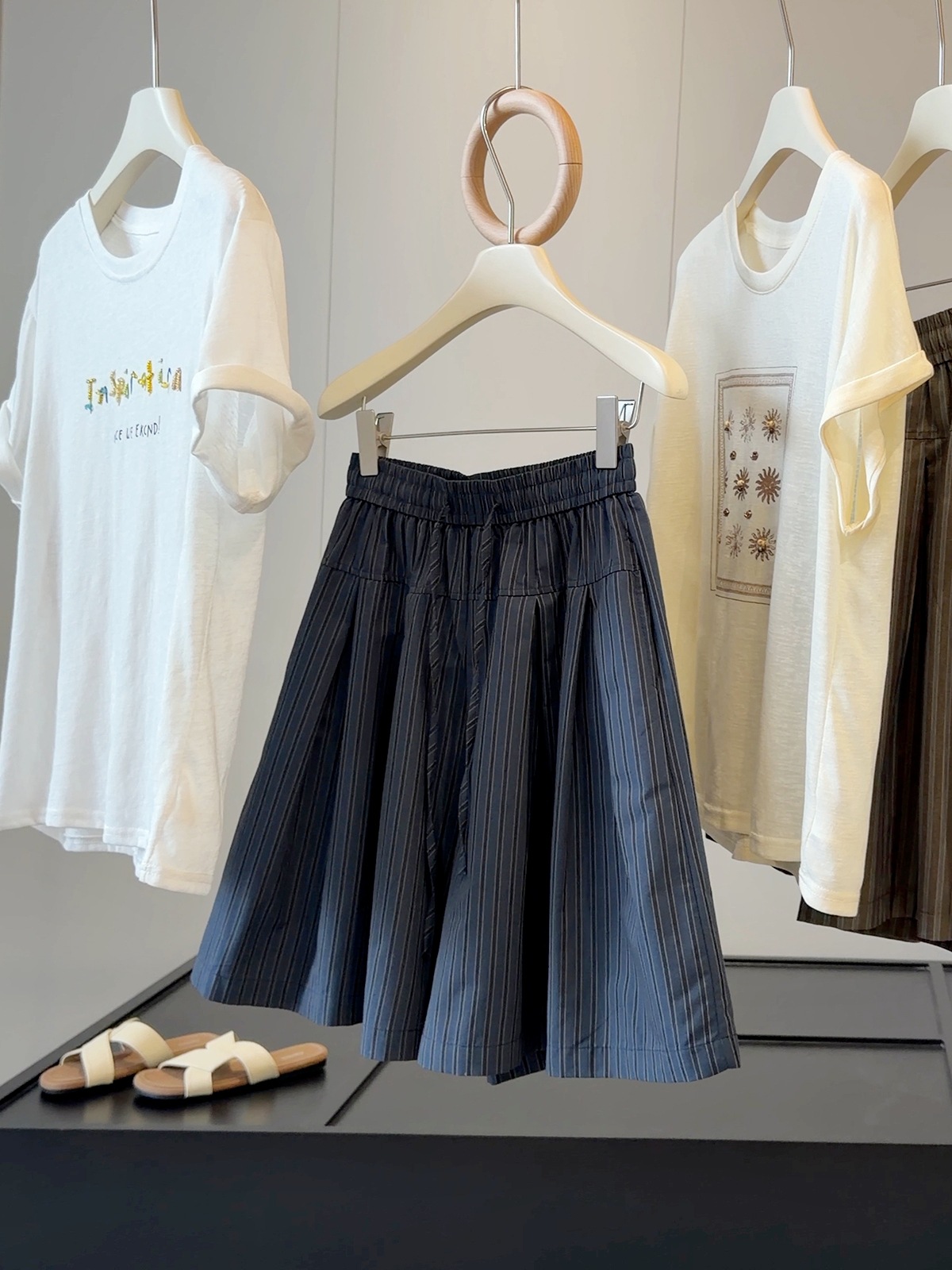 Retro Women's Drawstring Striped Casual Pants Slimming Flattering Loose Fit Wide Leg Shorts Five Point Skirt Style Summer_ecoleips.com