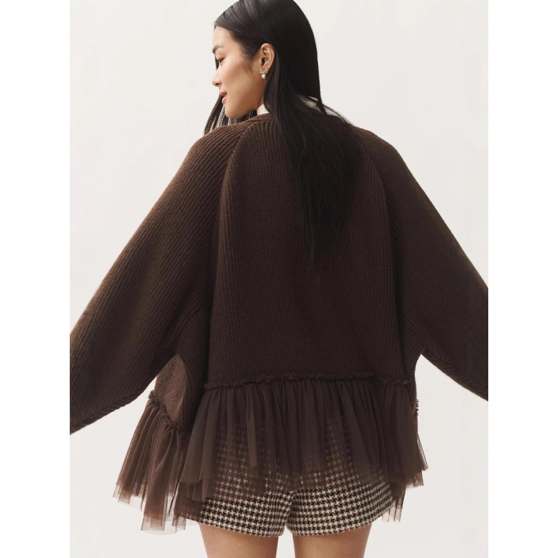 Gilet cardigan à volants en maille pour femme, manches longues, vente en gros_voghion.com