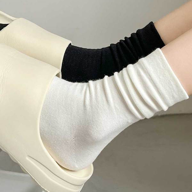 Pile Socks Women's Spring and Summer Mid-Calf Cotton Socks Boneless White Stockings Spring & Fall Confinement Socks Black Pure Color Stockings