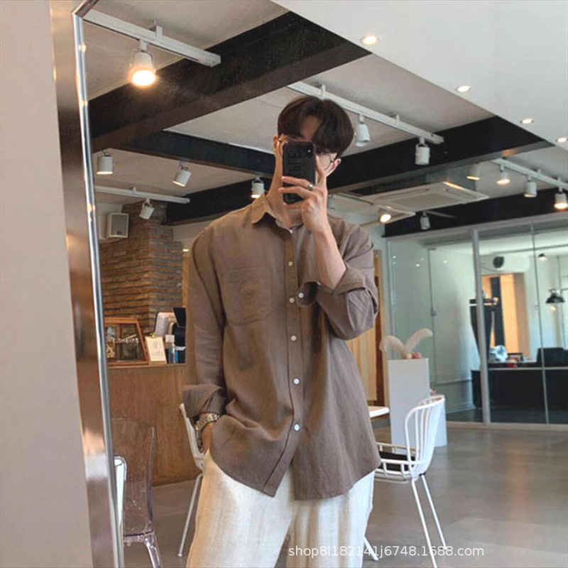 Brown Cotton-Linen Wrinkled Shirt for Men, American Retro Loose Long-Sleeved Sun Protection Cardigan, Textured Linen Breathable Shirt Brown Cotton-Linen Wrinkled Shirt for Men, American Retro Loose Long-Sleeved Sun Protection Cardigan, Textured Linen Breathable Shirt