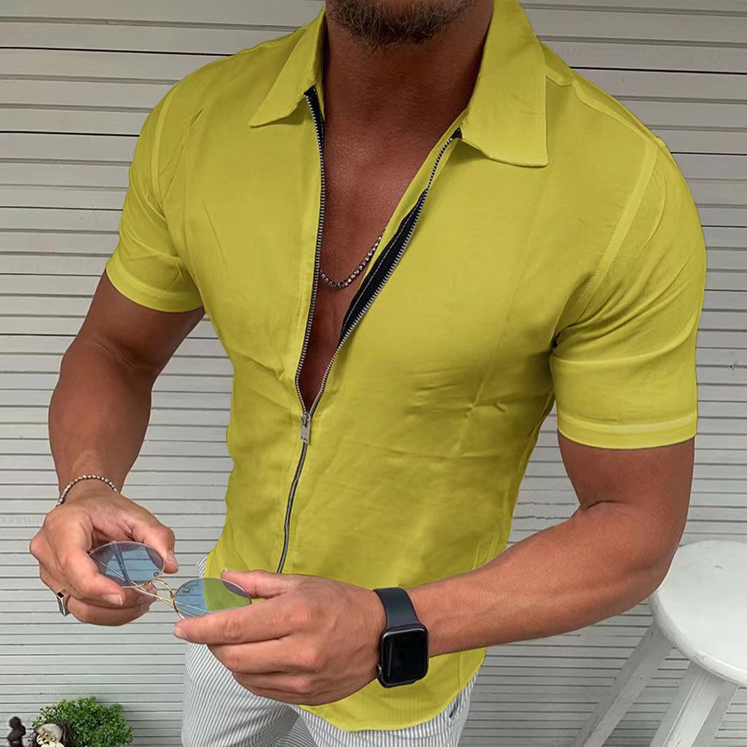 Comercio exterior 2022 verano transfronterizo de los hombres de color sólido cremallera camisa de manga corta de los hombres delgados de solapa casual cardigan top