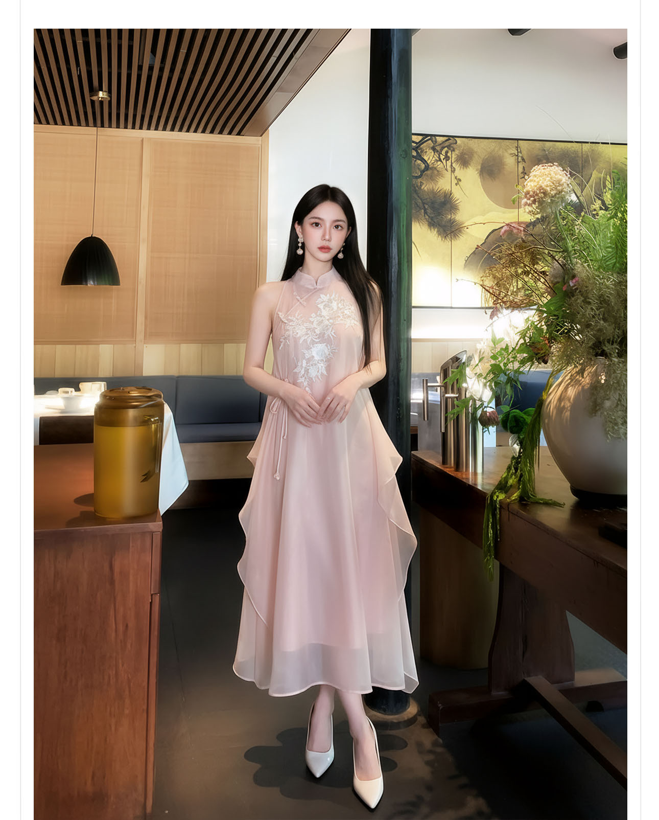 Đầm maxi thêu hoa phong cách Trung Hoa cổ điển, chất vải mỏng nhẹ mùa hè, tay lỡ, thắt eo — hồng chi tiết 2