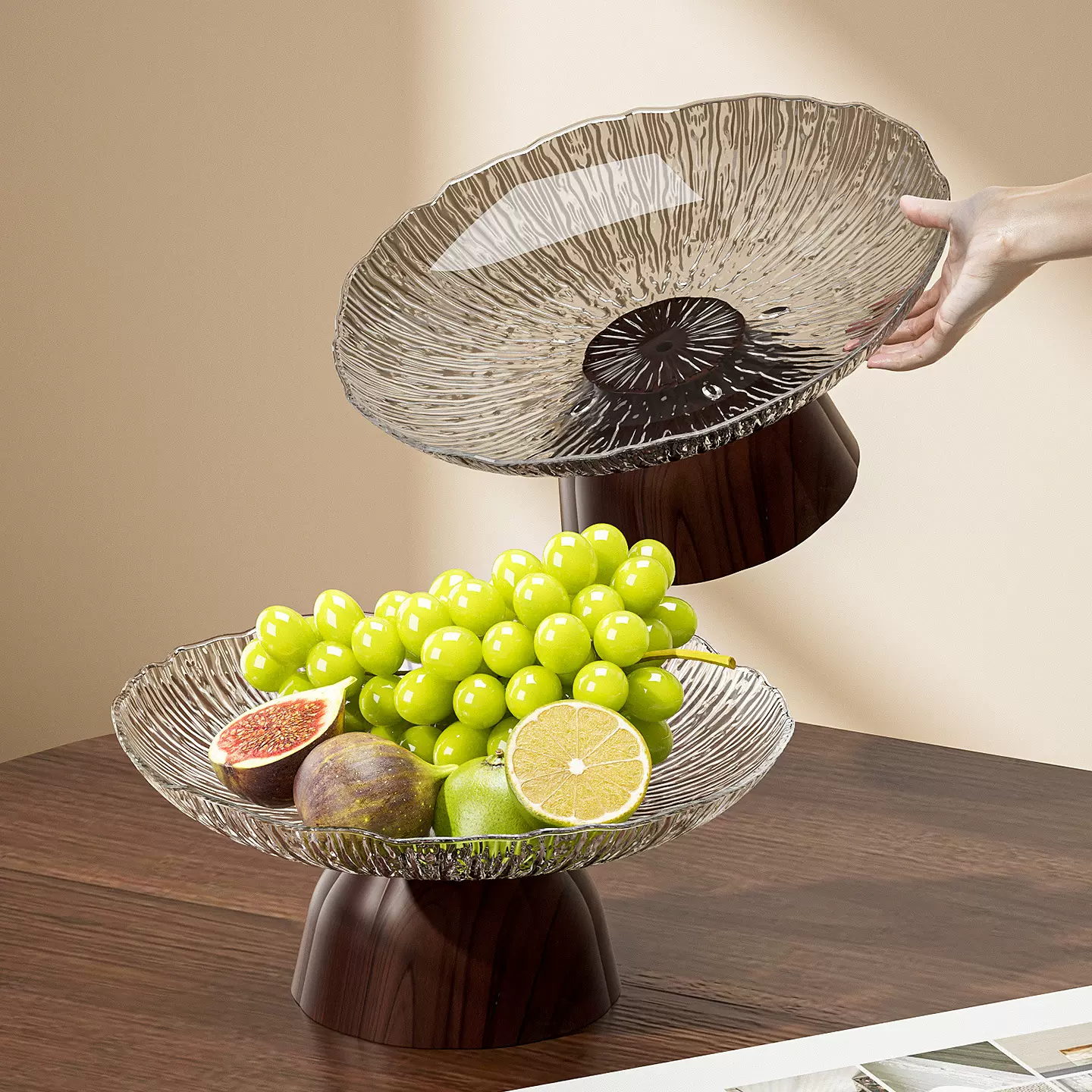 新款轻奢高脚水果盘木纹底座圆形甜点盘家用客厅零食摆放盘干果盘