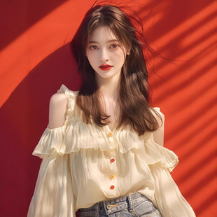 Spring and Autumn New Shirt Women's Foreign Trade Cross-border Niche Chic High-end Korean Style Age-reducing apricot Shoulder-cut Top Slimming