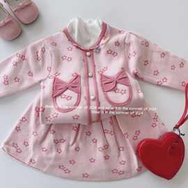 【福利】儿童粉色毛衣半身裙套装带蝴蝶结秋冬季洋气针织衫长袖