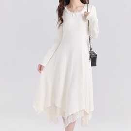 温柔风纯白连衣裙女可配大衣秋冬季2024新款内搭打底蕾丝长裙子