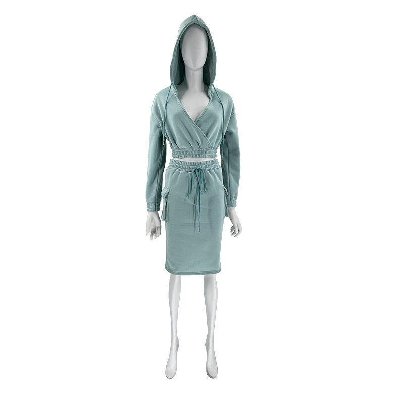 Women's Skirt Suit V Neck Hooded Solid Colour Long Sleeve Set_voghion.com