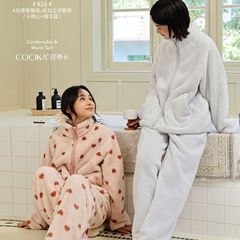 秋冬新作コーラルベルベットパジャマ レディース 裏起毛ルームウェア カジュアル 外出可 厚手 冬用ジッパースーツ