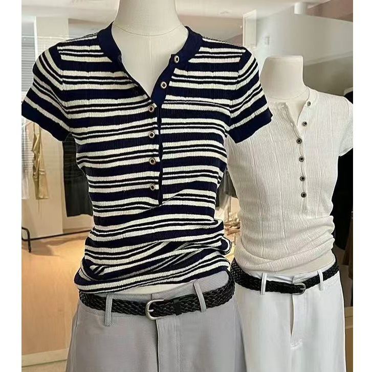 Recommended Popular Item~ Striped Henley Neck Short-Sleeve Knit Top for Women, Summer High-End Pullover Slim-Fit Top