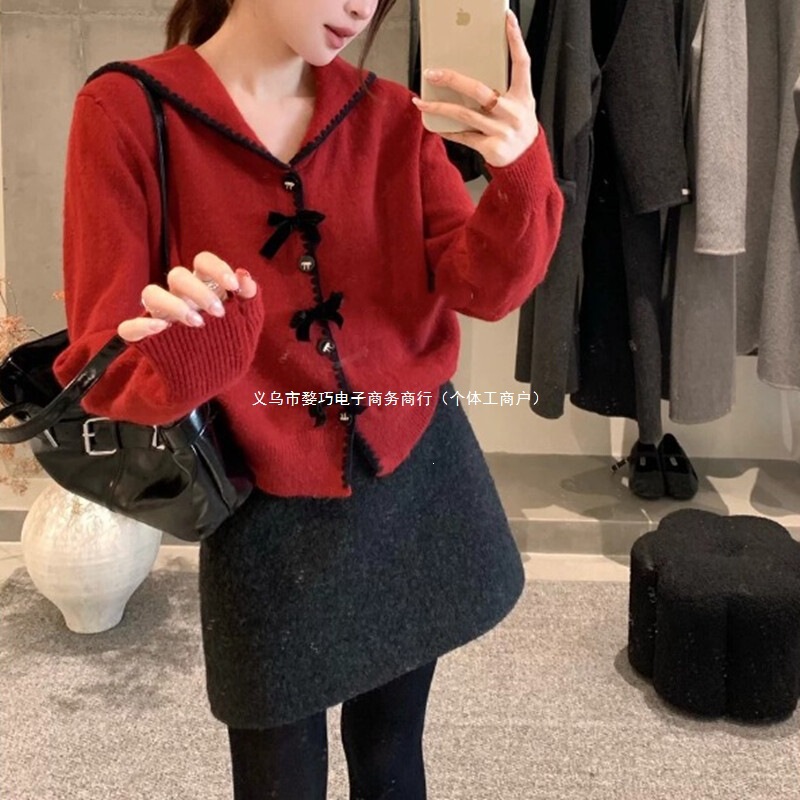 2026 Spring Korean Style Thickened Sweater with Navy Collar, Velvet Bow, Soft Knit Cardigan for Women 2026 Spring Korean Style Thickened Sweater with Navy Collar, Velvet Bow, Soft Knit Cardigan for Women