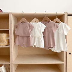 Summer 2023 New Children's Clothing Triangular Hem Top Korean Style Unisex Baby Solid Color T-Shirt and Shorts Cotton Two-Piece Set
