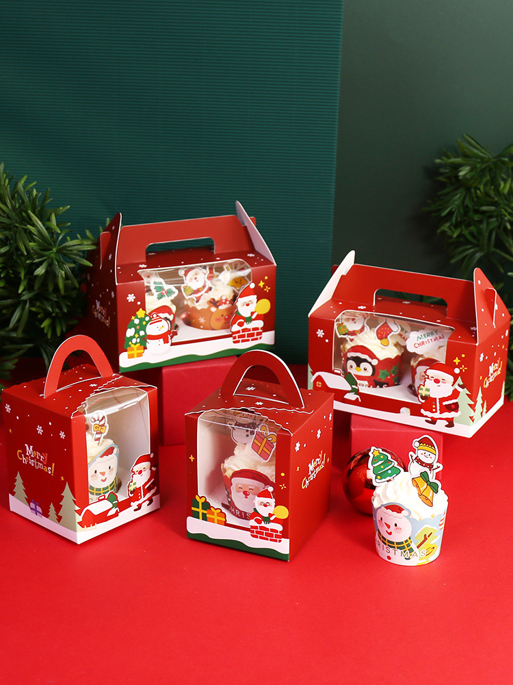 圣诞节纸杯蛋糕盒马芬杯包装杯子打包西点纸烘焙手提透明盒子袋