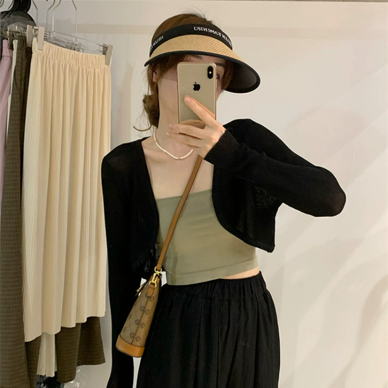 Вязаный короткий свитер, fashionable cloak, oversize, солнцезащитный, 2023, корейский стиль, облегающий