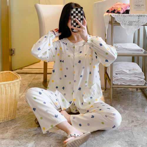 Women's Spring and Autumn Satin Pajamas - Summer Thin Satin Long Sleeve Man-made Cotton Cardigan Home Set Air Conditioning Suit Wholesale