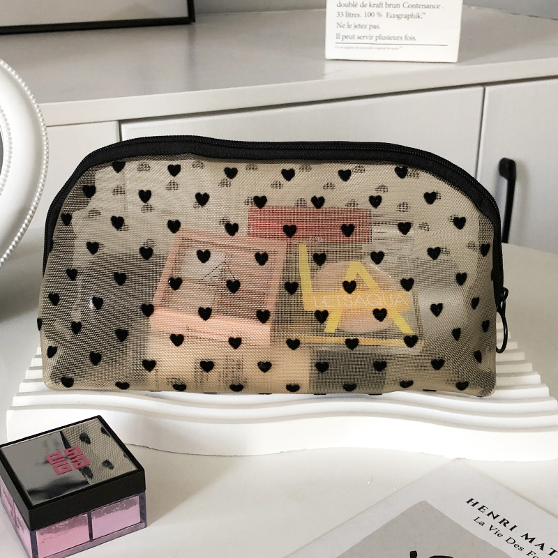 新しい ins 愛植毛パウダーメッシュ化粧品バッグガールハートポータブル洗濯大容量通気性口紅貿易