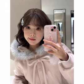 甜美减龄粉色连帽蝴蝶结气质大毛领外套女2025秋冬学院风毛呢上衣