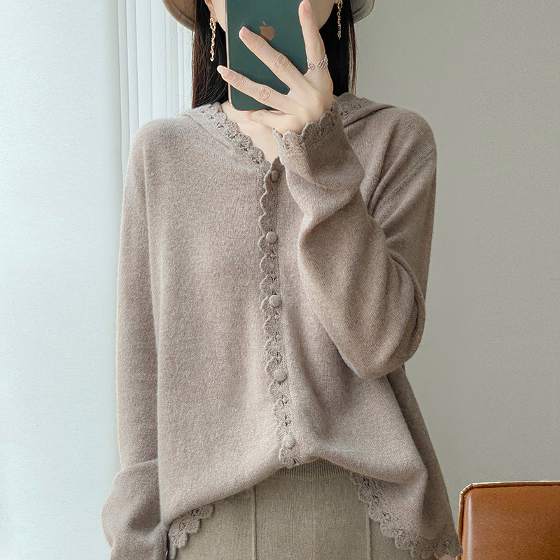 2025新款秋冬100%羊毛开衫女红色毛衣宽松慵懒风连帽打底衫外套|undefined