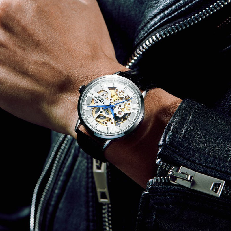 Guanqin Reloj mecánico para hombre Reloj de negocios de ocio deportivo automático hueco Reloj impermeable de cuero con correas de malla