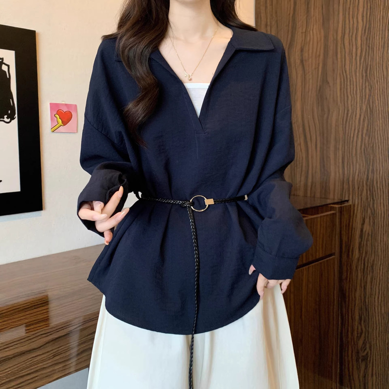 Elegant and Sophisticated Style, Faux Two-Piece Collared Long-Sleeve Shirt for Women, Loose Design, Stylish Waist-Cinching Top A10298 Elegant and Sophisticated Style, Faux Two-Piece Collared Long-Sleeve Shirt for Women, Loose Design, Stylish Waist-Cinching Top A10298