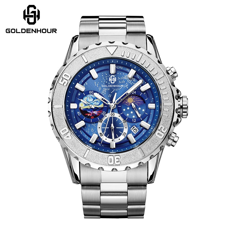 GoldenHour日月霜金商务复刻手表防水夜光日历多功能腕表