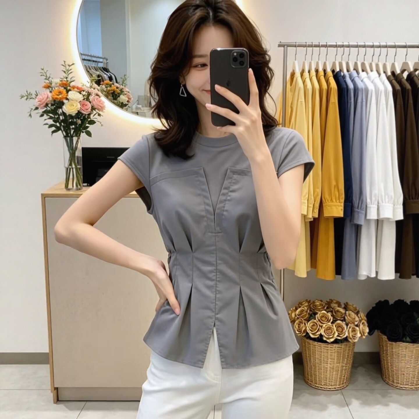 Áo thun nữ tay ngắn thiết kế eo thắt lưng, dáng ôm nhẹ, chất liệu mỏng mùa hè — màu trắng chi tiết 5
