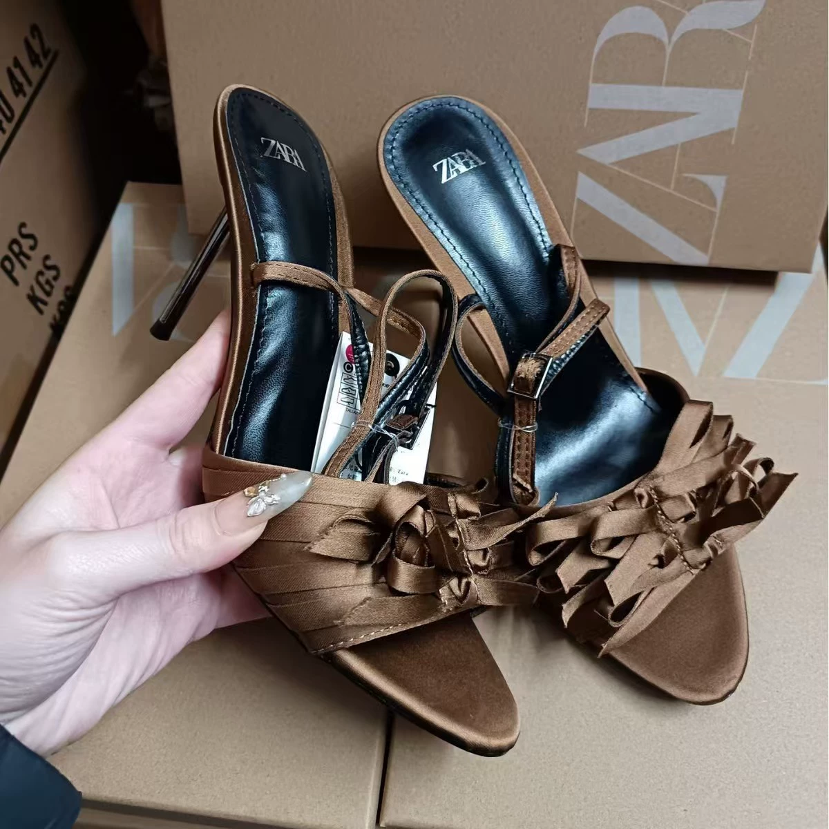 ZA 2025 spring and summer new one-strip olive brown bow decoration sandals brown stiletto heel hollow fashion women's shoes