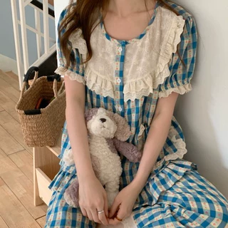 跨境专供外贸韩版夏甜美公主风刺绣提花格蕾丝短袖长裤舒适家居服