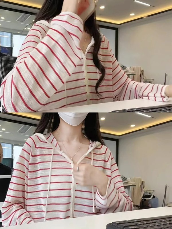 レッドストライプフード付き日焼け止めエアコンカバーアップ長袖シャツシャツレディース韓国風ユニークで美しい春夏トップス|undefined