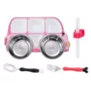 Detachable fuchsia bus, dinner plate, straw