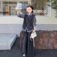 2025早秋新款韩系设计感不规则马甲条纹衬衫宽松阔腿长裤三件套装