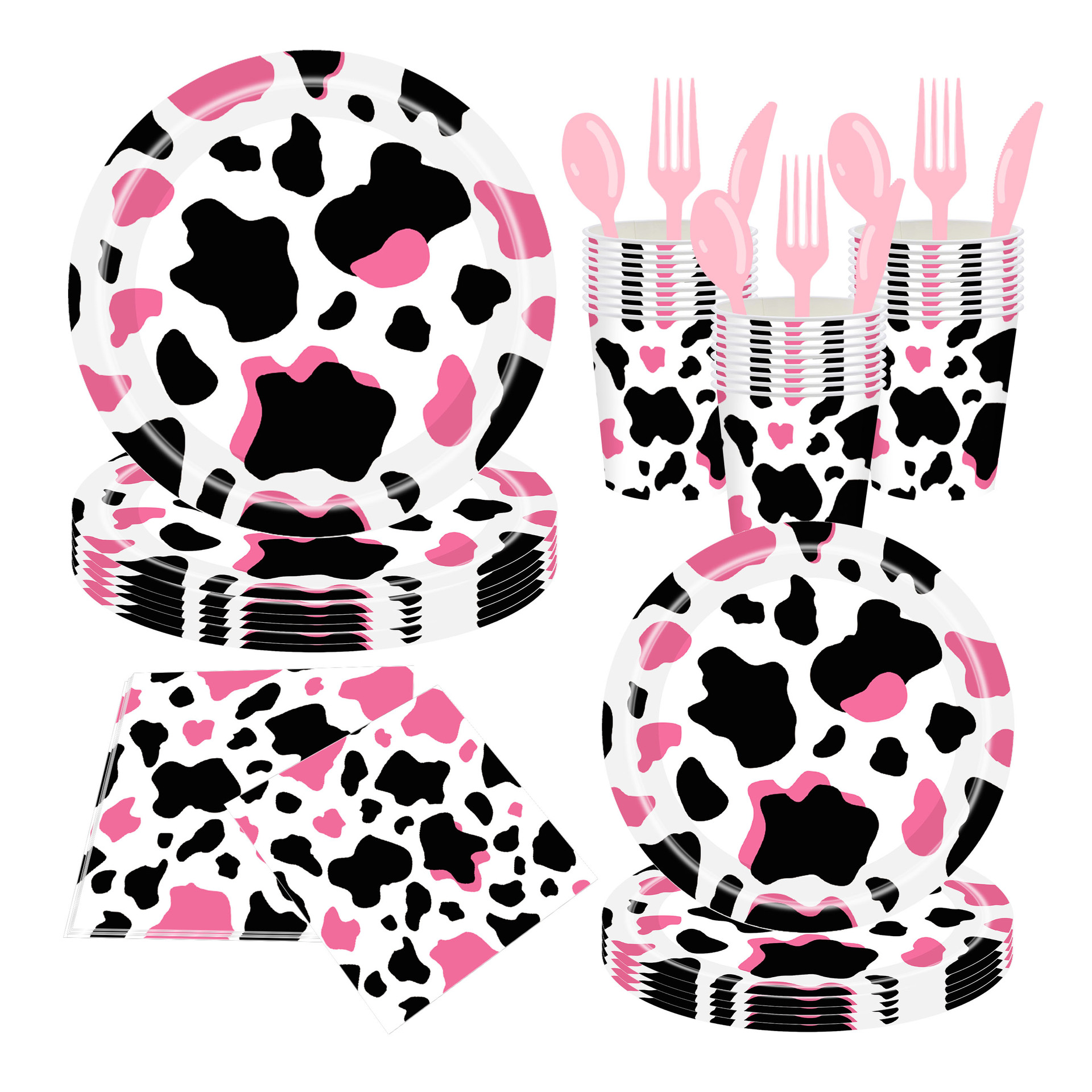 Artículos de fiesta de cumpleaños familiares con temática de vacas, los más vendidos transfronterizos: platos y vasos de papel desechables, juego de vajilla desechable